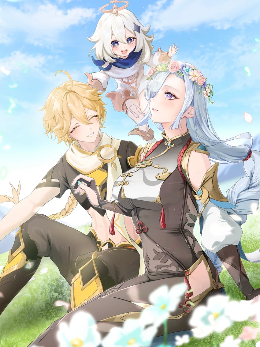 aether, paimon, and shenhe (genshin impact) drawn by arano_(waikuni11)