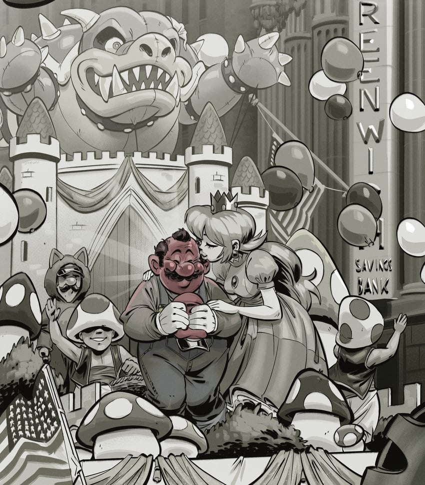 princess peach, mario, luigi, bowser, and toad (mario and 1 more) drawn by angusburgers