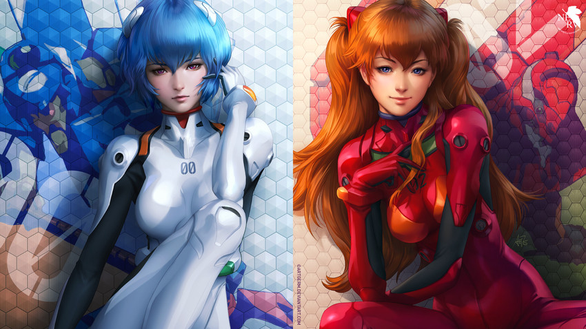 souryuu asuka langley, ayanami rei, eva 02, and eva 00 (neon genesis evangelion and 1 more) drawn by stanley_lau