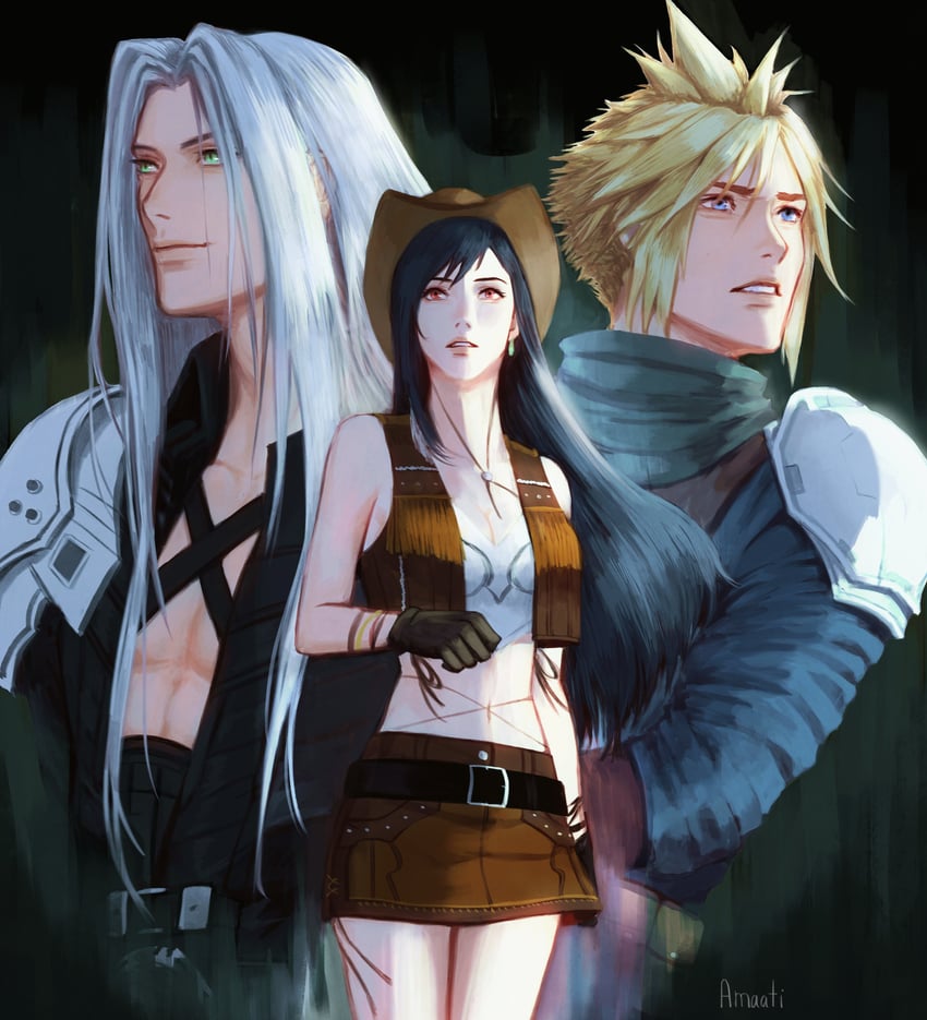 tifa lockhart, cloud strife, and sephiroth (final fantasy and 2 more) drawn by amaati