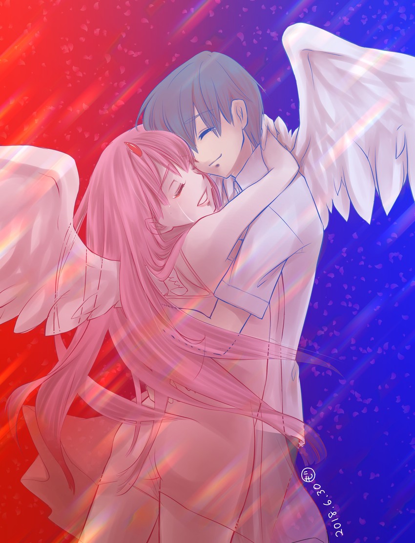 zero two and hiro (darling in the franxx) drawn by goo-yan_(ogura_tomomi)