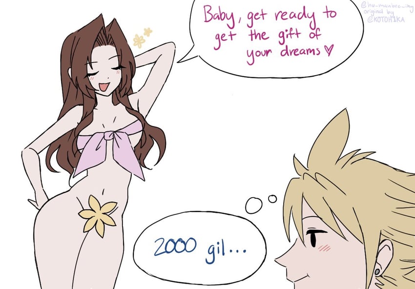 cloud strife and aerith gainsborough (final fantasy and 3 more) drawn by hu_manbee_ing