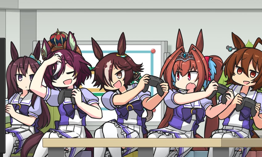 agnes tachyon, daiwa scarlet, vodka, mejiro dober, aston machan, and 1 more (umamusume) drawn by hamu_koutarou