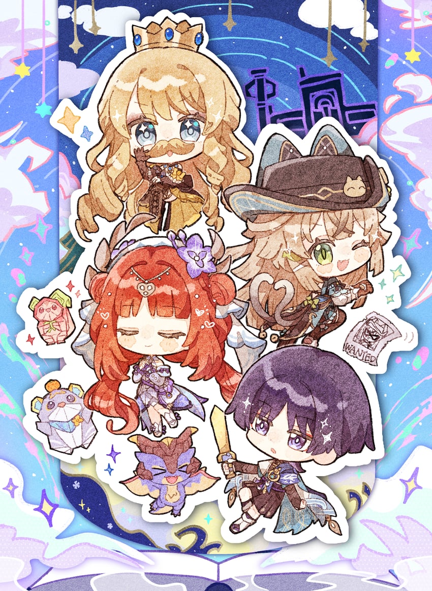 scaramouche, wanderer, navia, kirara, nilou, and 1 more (genshin impact) drawn by nekorune_(bukubuku_awai)
