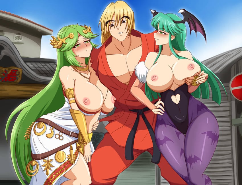 morrigan aensland, palutena, and ken masters (street fighter and 4 more) drawn by kmkz-art