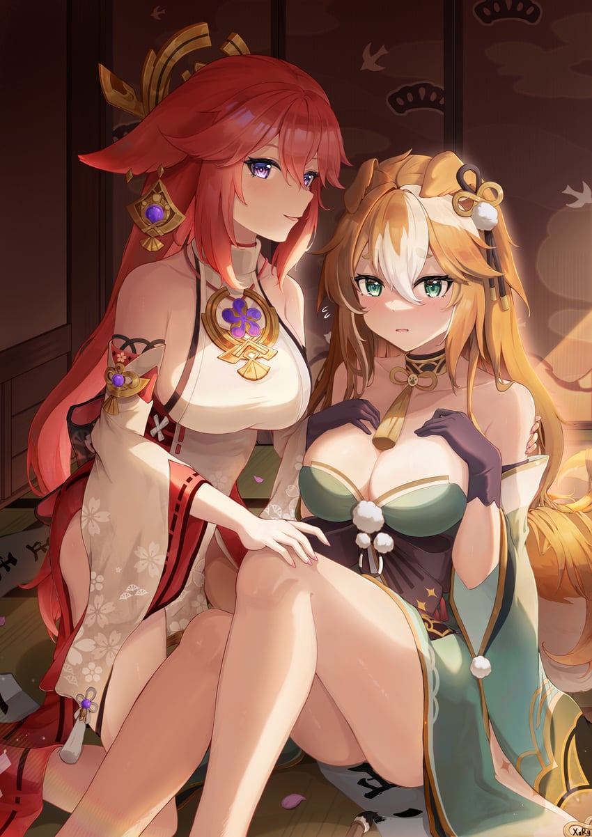 yae miko, gorou, and hina (genshin impact) drawn by xary