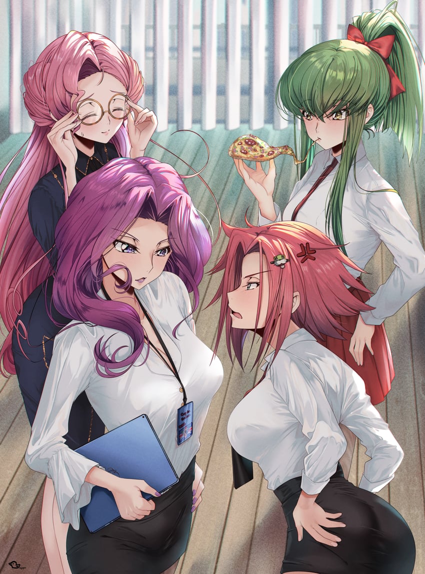 c.c., kouzuki kallen, euphemia li britannia, and cornelia li britannia (code geass) drawn by budgiepon