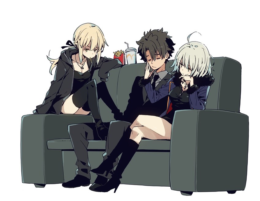 artoria pendragon, fujimaru ritsuka, jeanne d'arc alter, and saber alter (fate and 1 more) drawn by imigimuru