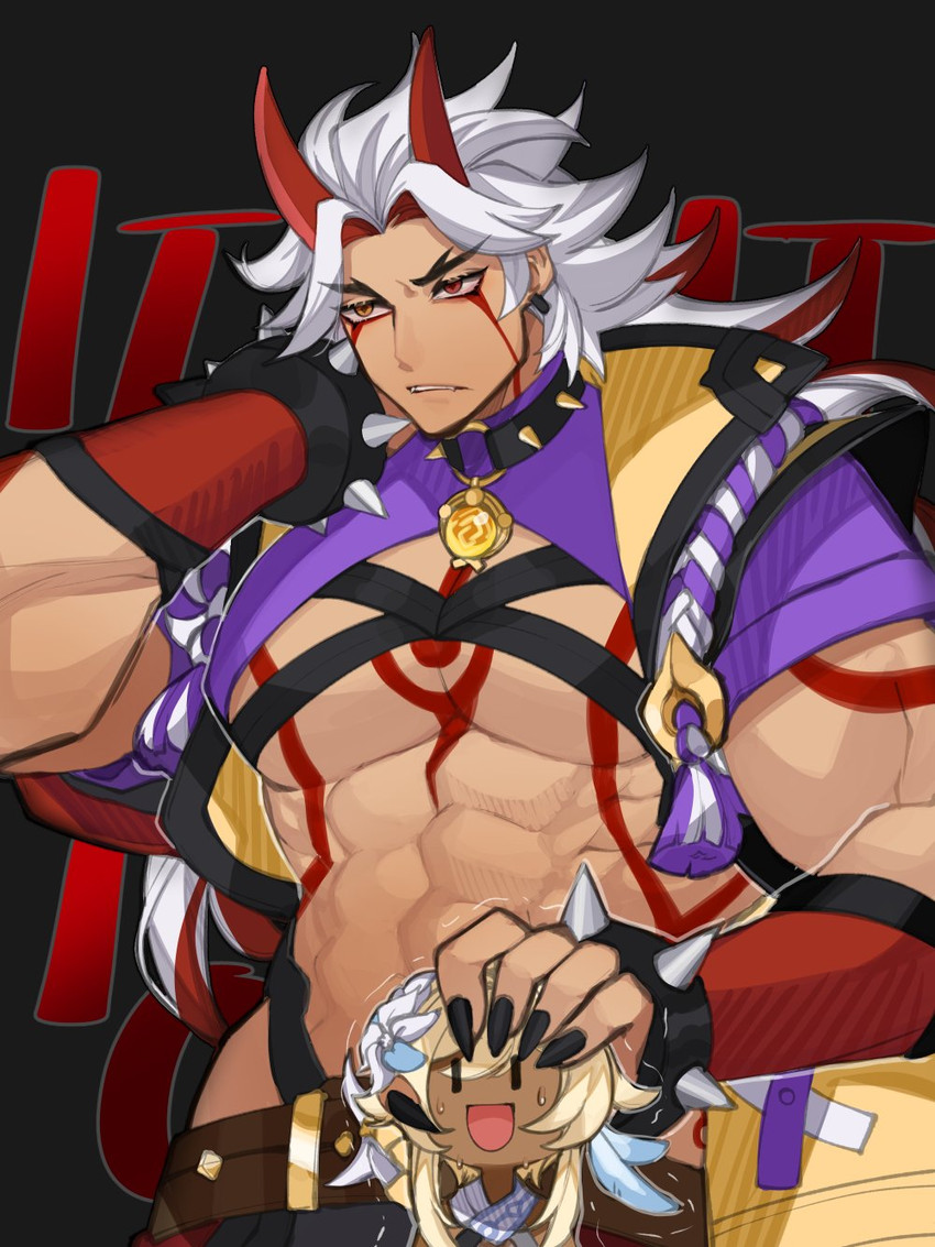 lumine and arataki itto (genshin impact) drawn by kyou_(iuciferic)