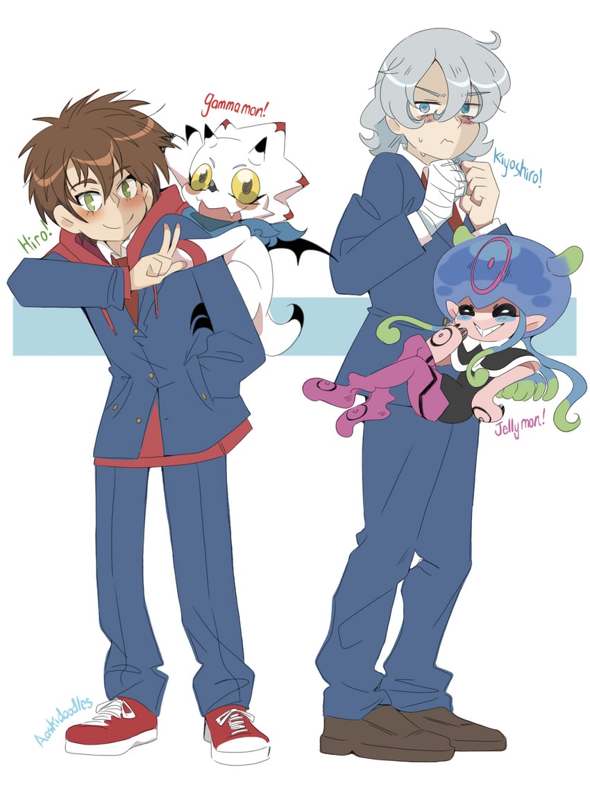 jellymon, gammamon, higashimitarai kiyoshiro, and amanokawa hiro (digimon and 1 more) drawn by aashiyancha