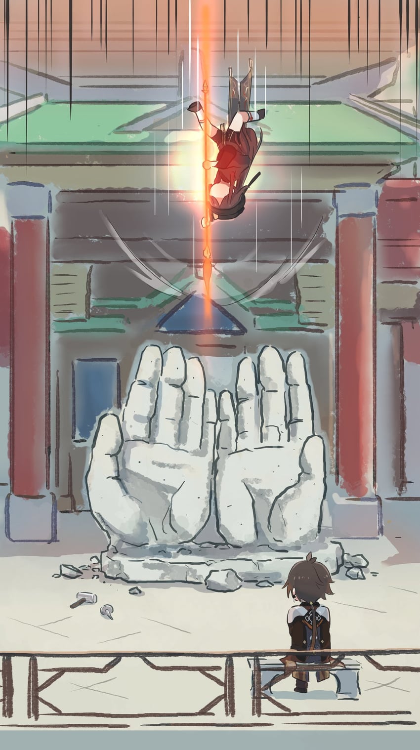 hu tao and zhongli (genshin impact) drawn by xinzoruo