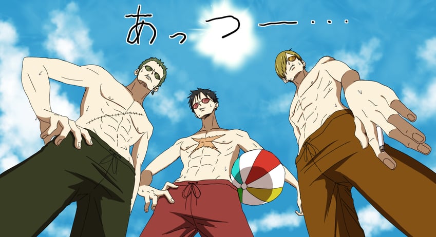 monkey d. luffy, roronoa zoro, and sanji (one piece) drawn by enaka67