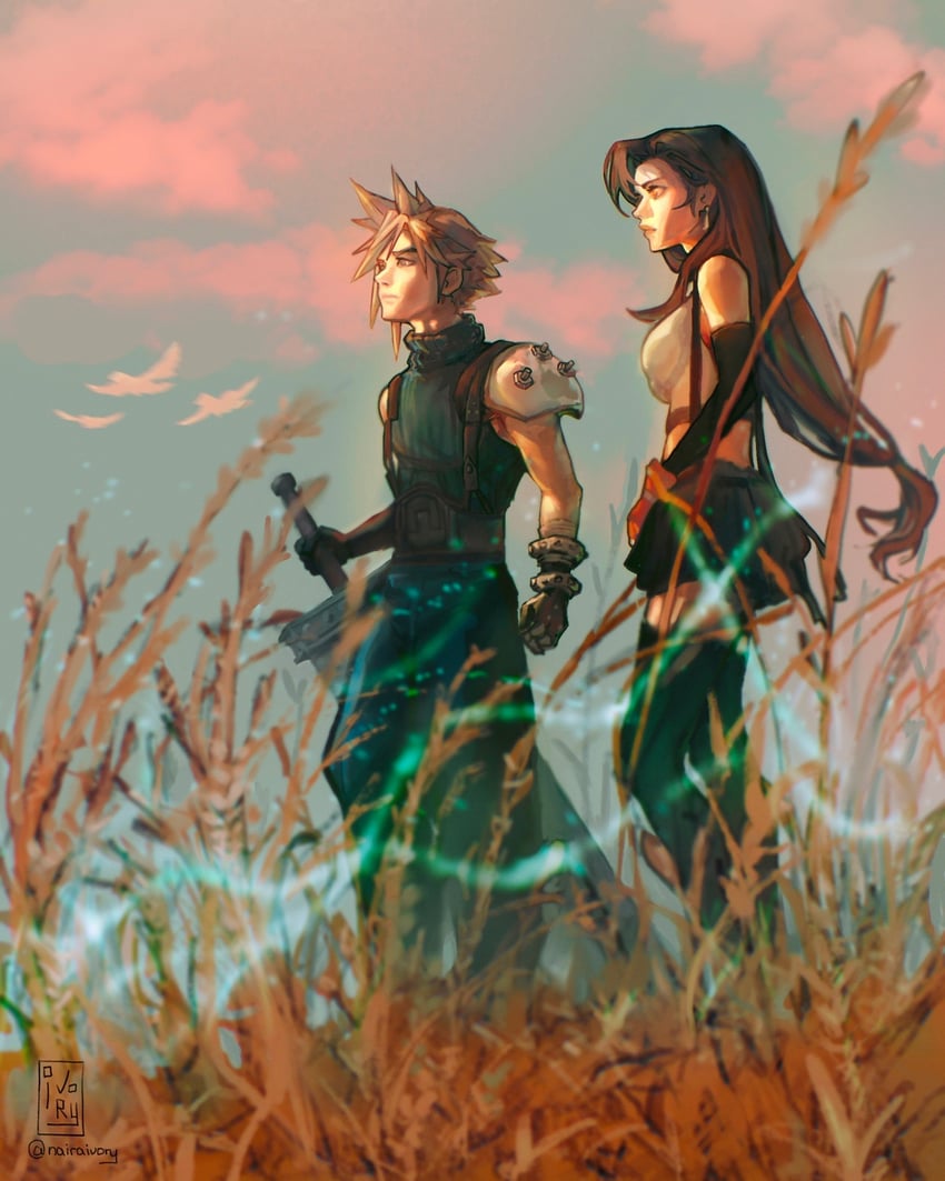 tifa lockhart and cloud strife (final fantasy and 3 more) drawn by nairaivory