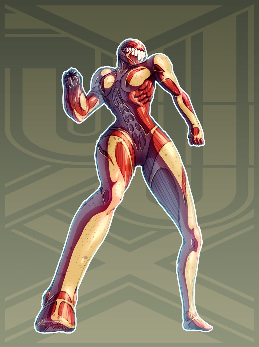 samus aran, titan, and female titan (shingeki no kyojin and 1 more) drawn by zededge