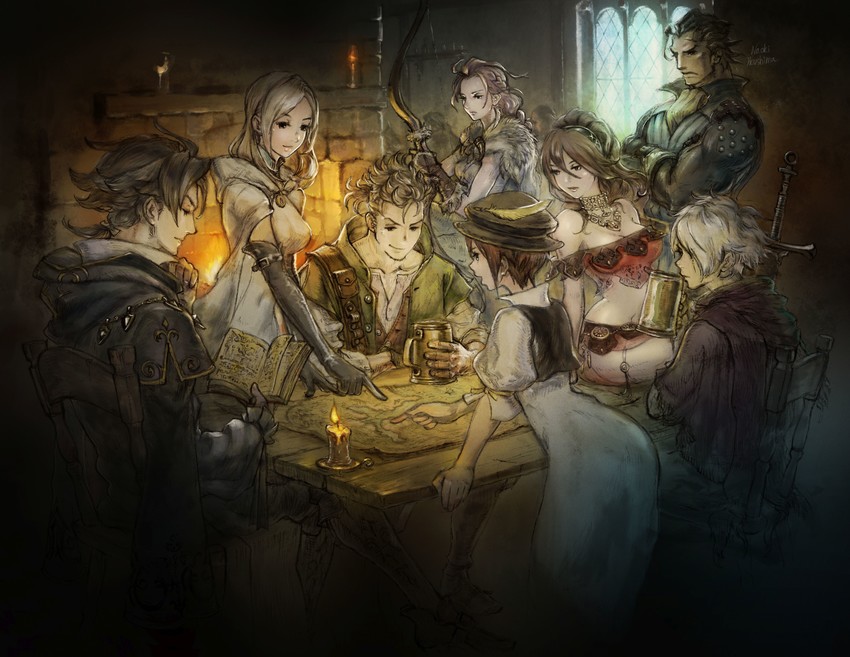 therion, tressa colzione, ophilia clement, primrose azelhart, cyrus albright, and 3 more (octopath traveler and 2 more) drawn by ikusy