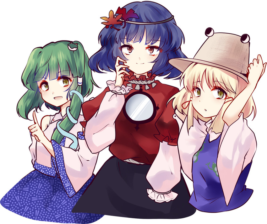 kochiya sanae, moriya suwako, and yasaka kanako (touhou) drawn by uranaishi_(miraura)