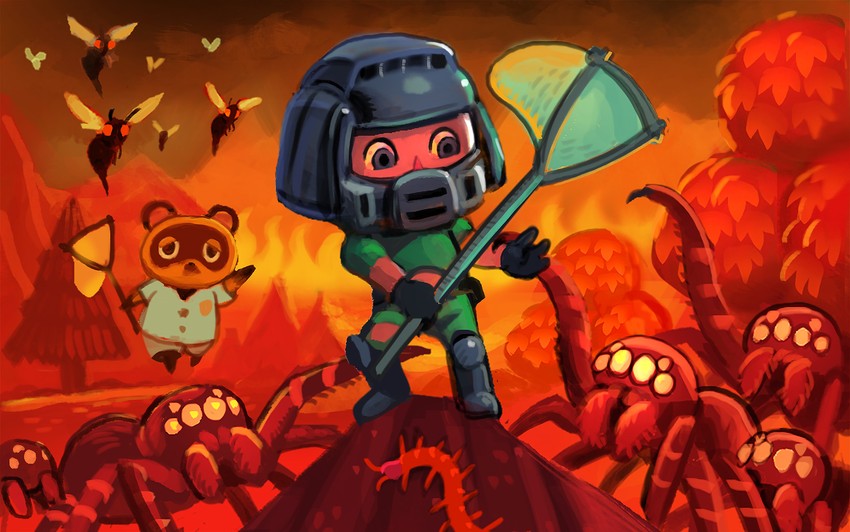 villager, doomguy, and tom nook (animal crossing and 2 more) drawn by ka92