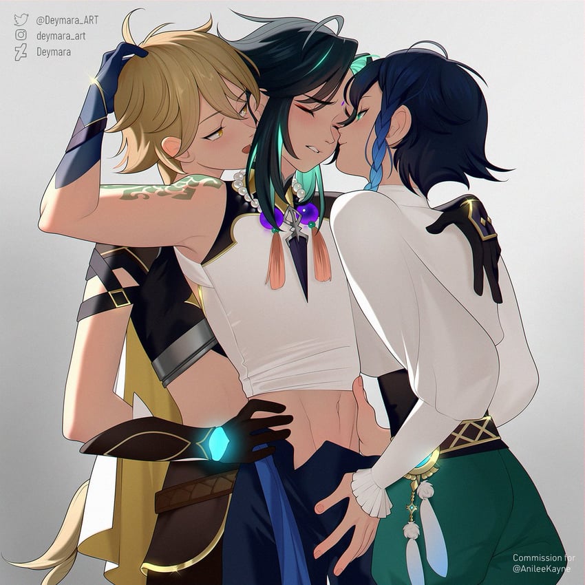 aether, venti, and xiao (genshin impact) drawn by deymara