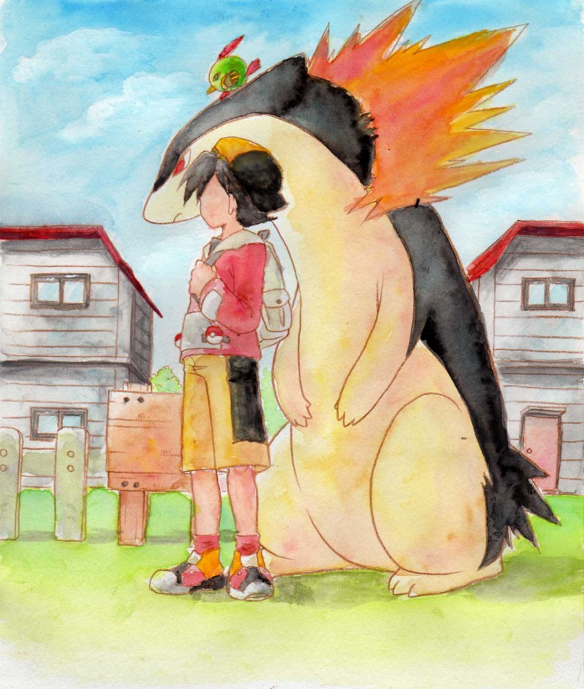ethan, typhlosion, and natu (pokemon and 1 more) drawn by nagi_(exsit00)