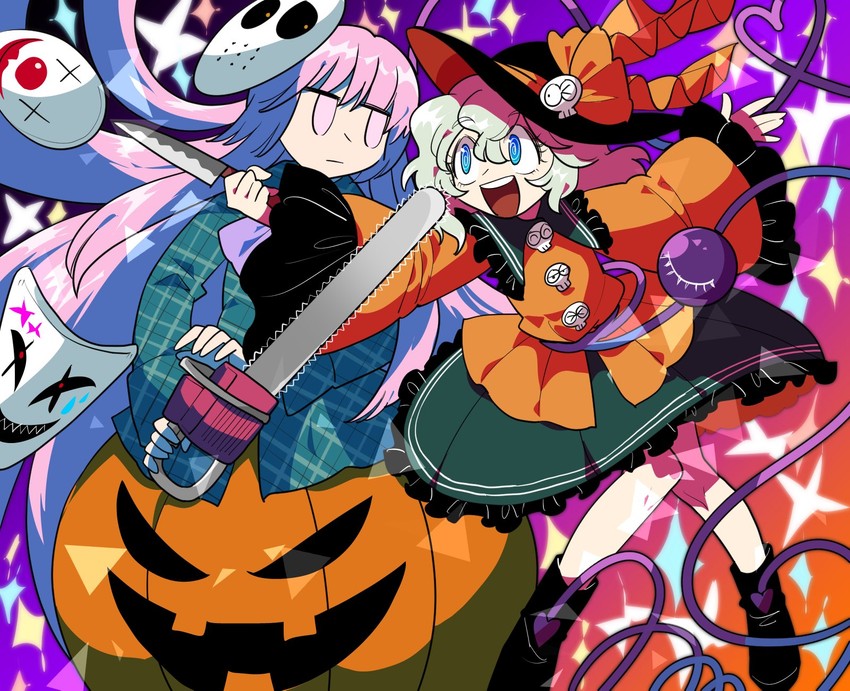 komeiji koishi, hata no kokoro, and jason voorhees (touhou and 1 more) drawn by furukawa_(yomawari)