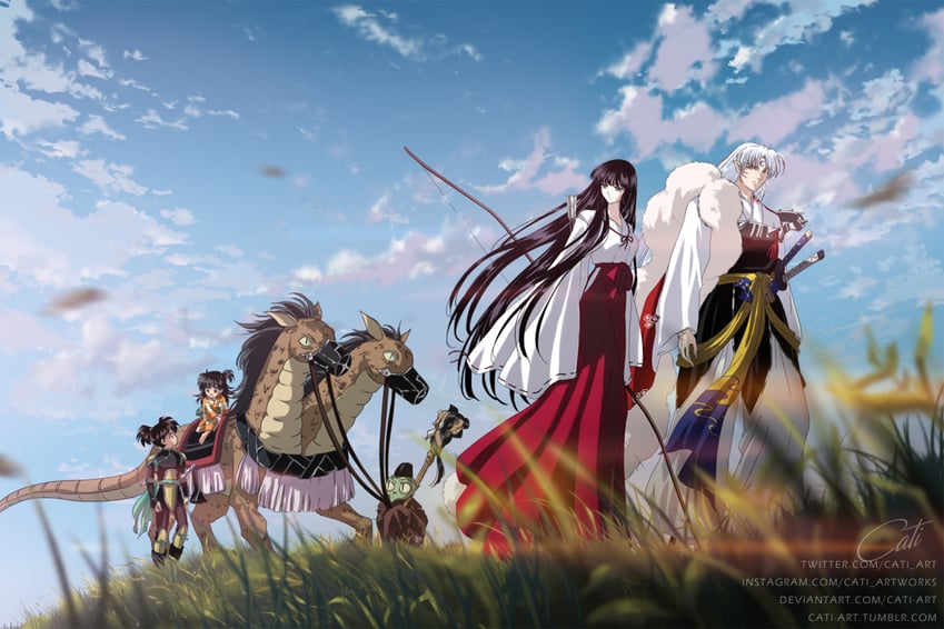 sesshoumaru, rin, kikyou, jaken, and kohaku (inuyasha) drawn by sha_ju_ba_guan_wei