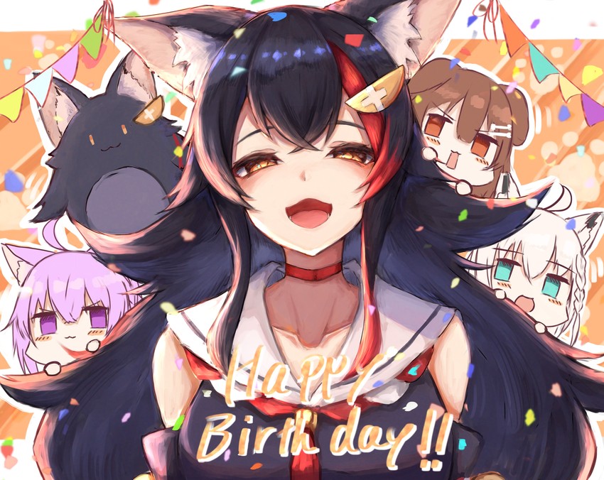 shirakami fubuki, nekomata okayu, ookami mio, inugami korone, and miochun (hololive) drawn by inre_kemomimi