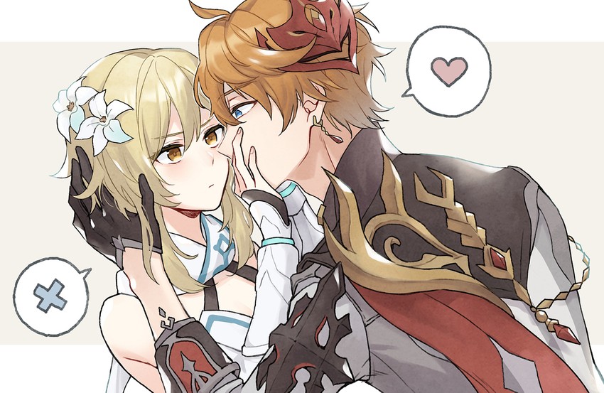 lumine and tartaglia (genshin impact) drawn by sugaharu