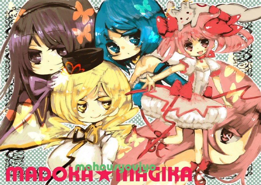 akemi homura, kaname madoka, miki sayaka, tomoe mami, and kyubey (mahou shoujo madoka magica) drawn by migiwa_(liliy69uta)