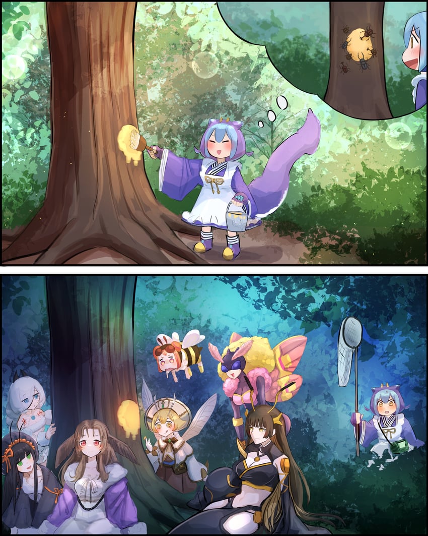laundry dragonmaid, traptrix arachnocampa, mitsu the insect ninja, wannabee!, fairyant the circular sorcerer, and 3 more (yu-gi-oh! and 1 more) drawn by hatano_kiyoshi