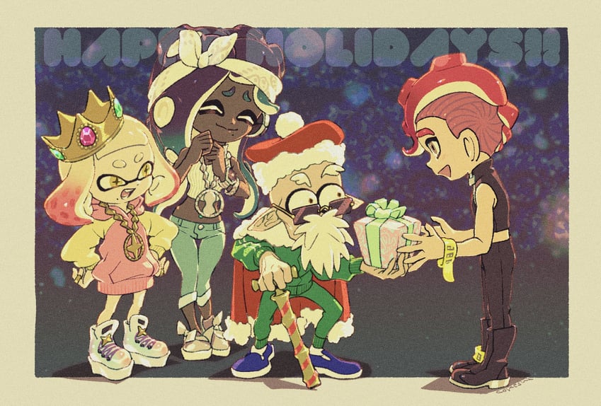 agent 8, cap'n cuttlefish, marina, and pearl (splatoon and 2 more) drawn by cokeshi