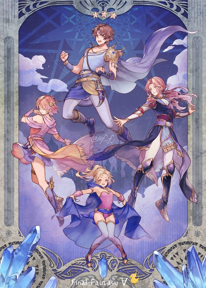 lenna charlotte tycoon, faris scherwiz, bartz klauser, and krile mayer baldesion (final fantasy and 1 more) drawn by sasanomesi