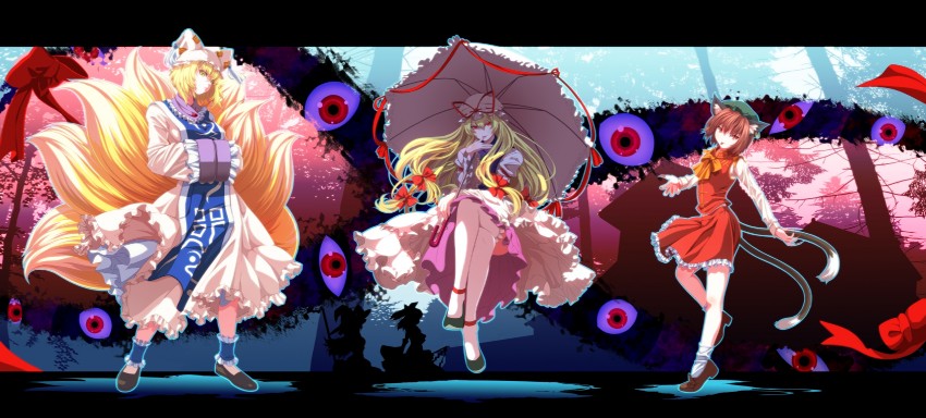 hakurei reimu, kirisame marisa, yakumo yukari, yakumo ran, and chen (touhou) drawn by tsukumo_(soar99)