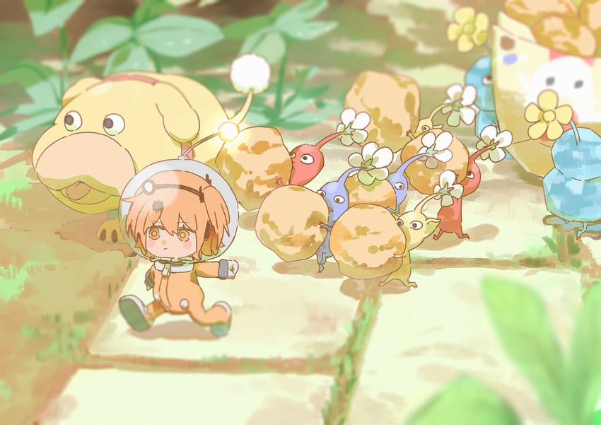 adachi rei, red pikmin, yellow pikmin, blue pikmin, oatchi, and 1 more (utau and 3 more) drawn by crow_(crow_crowd24)