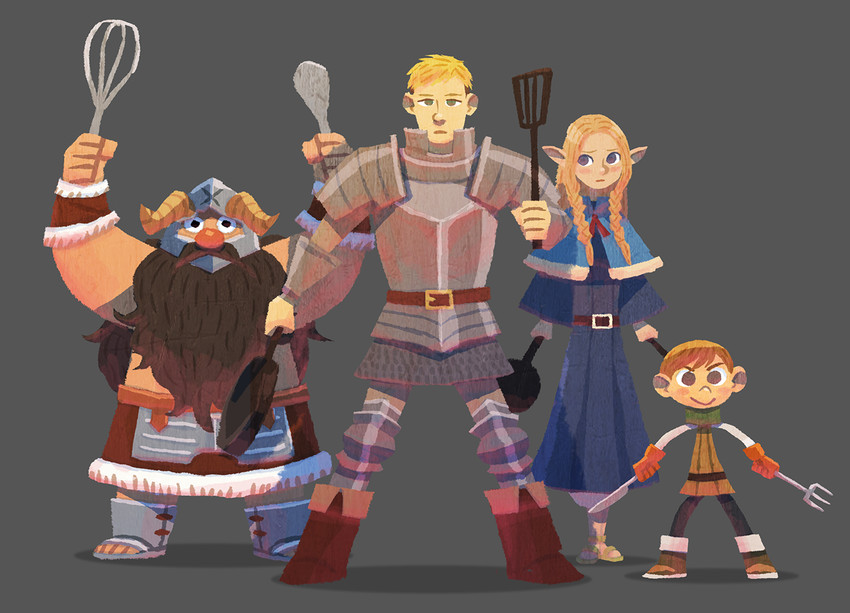 marcille donato, laios touden, senshi, and chilchuck tims (dungeon meshi) drawn by hyogonosuke