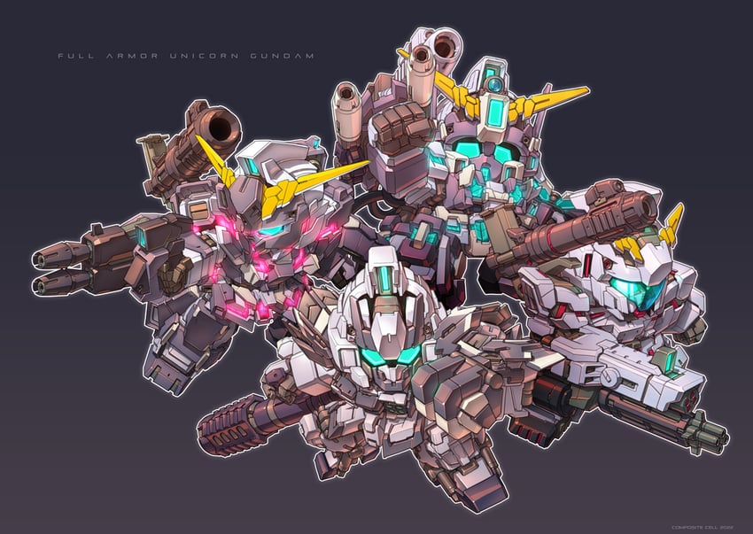 unicorn gundam, heavy full armor gundam, perfect gundam, gundam amazing red warrior, and heavy gundam (gundam and 6 more) drawn by susagane
