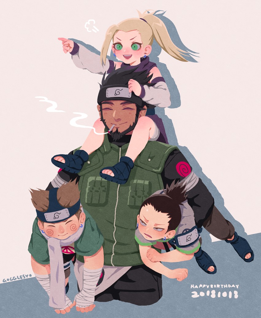 yamanaka ino, nara shikamaru, sarutobi asuma, and akimichi chouji (naruto) drawn by gogglesyo