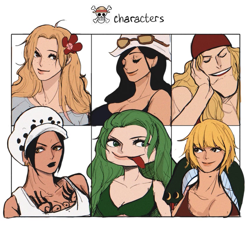 nico robin, trafalgar law, edward newgate, portgas d. rouge, marguerite, and 1 more (one piece) drawn by dr000mi