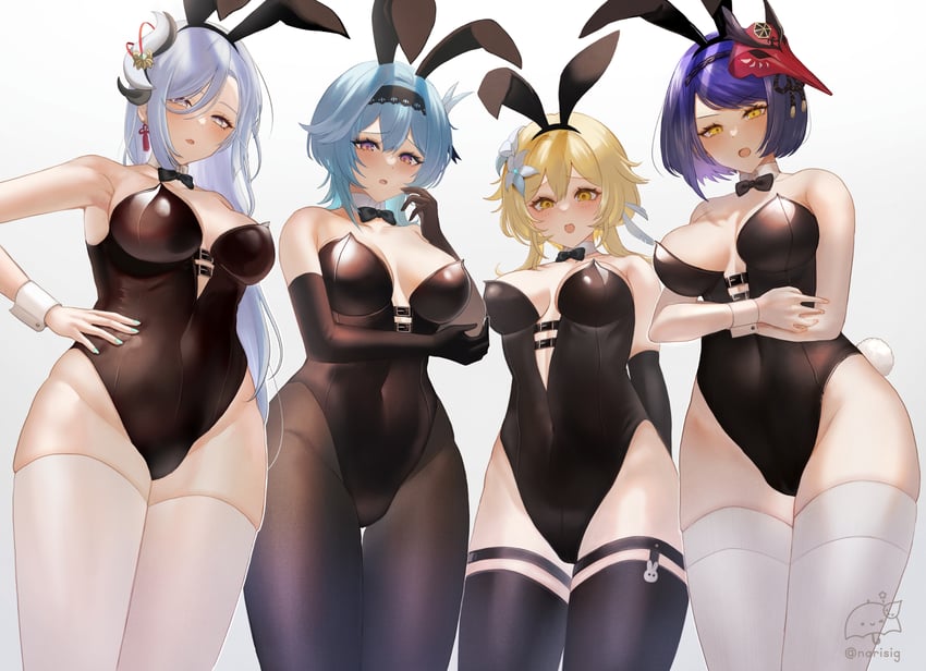 lumine, shenhe, eula, and kujou sara (genshin impact) drawn by sigggrain