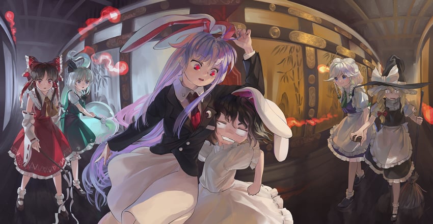 hakurei reimu, kirisame marisa, izayoi sakuya, konpaku youmu, reisen udongein inaba, and 1 more (touhou and 1 more) drawn by riki6