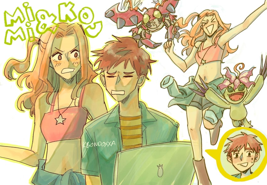 tachikawa mimi, izumi koshiro, palmon, and tentomon (digimon and 3 more) drawn by kari_(kbondoxxa)