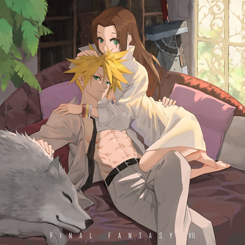 cloud strife, aerith gainsborough, and fenrir (final fantasy and 2 more) drawn by mitarashi_(mita)