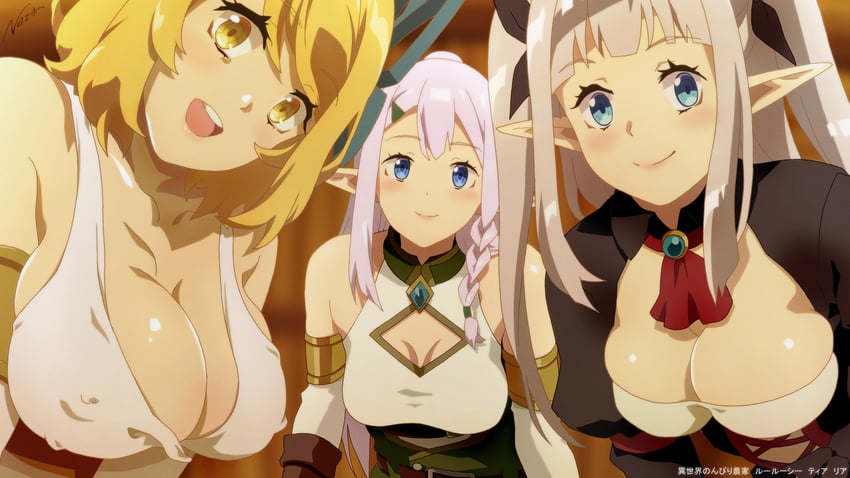 rurushi ru, tia, and ria (isekai nonbiri nouka) drawn by nolia