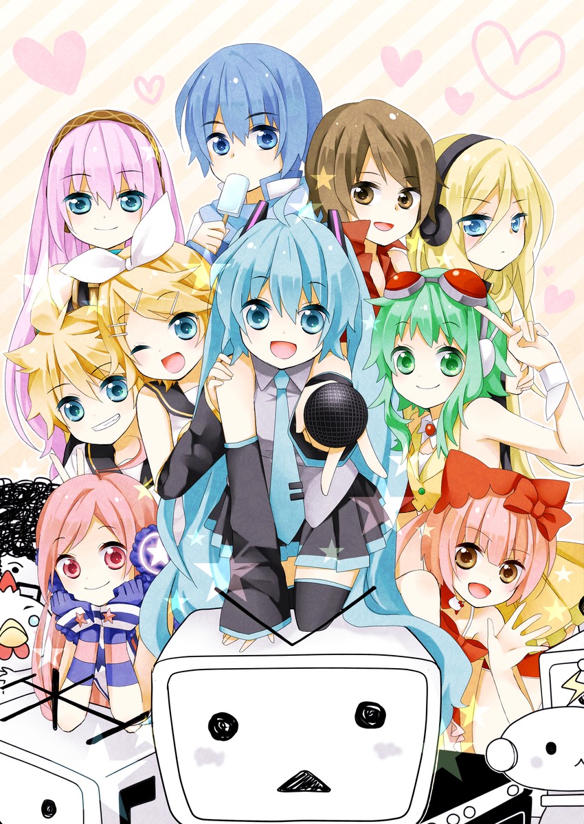 hatsune miku, kagamine rin, kagamine len, megurine luka, kaito, and 7 more (vocaloid and 4 more) drawn by yuuki_(sltaitch)