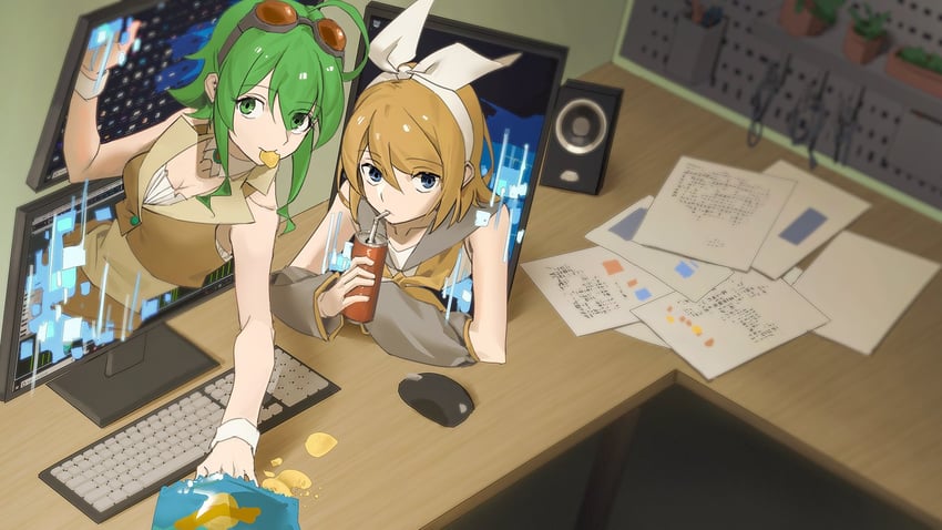 kagamine rin and gumi (vocaloid and 2 more) drawn by wounds404