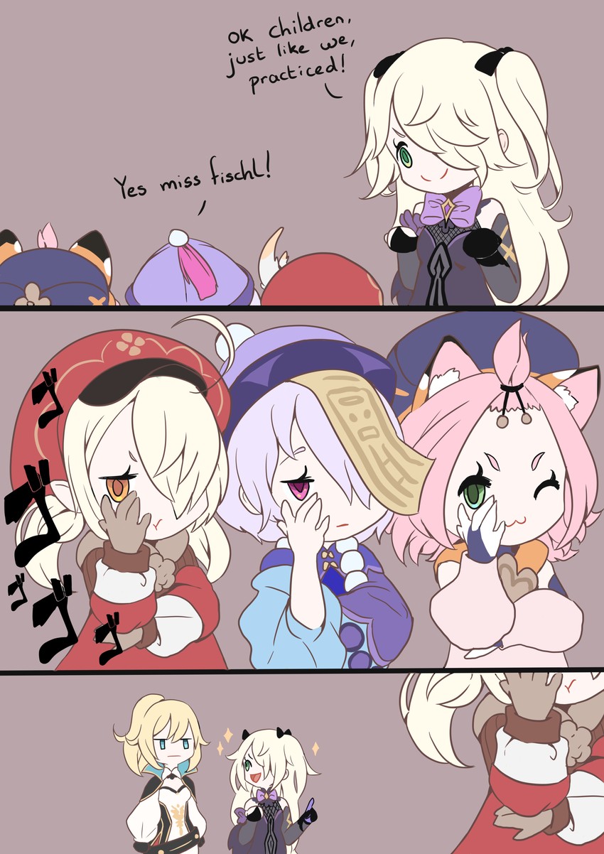 klee, fischl, jean, qiqi, and diona (genshin impact) drawn by cari_shrine