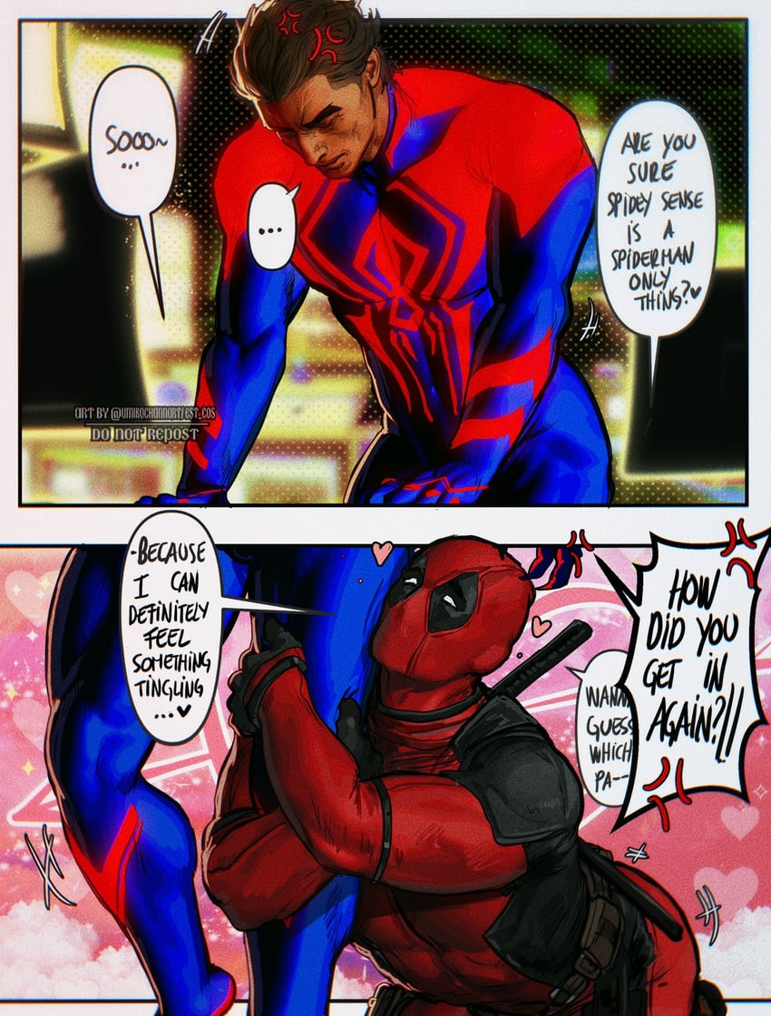 miguel o'hara, spider-man, and deadpool (marvel and 3 more) drawn by umikochannart