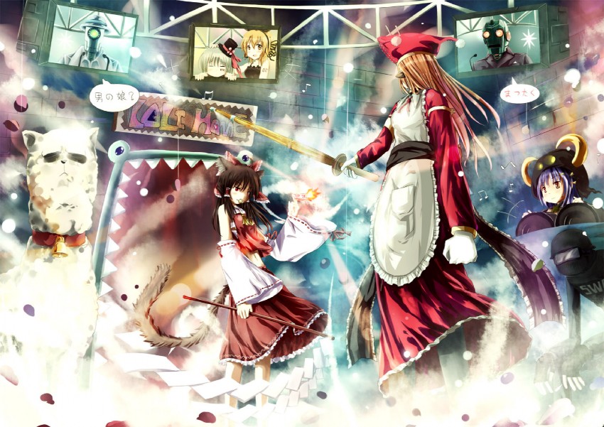 hakurei reimu, kagamine rin, and akiyama mio (touhou and 3 more) drawn by kimikimi
