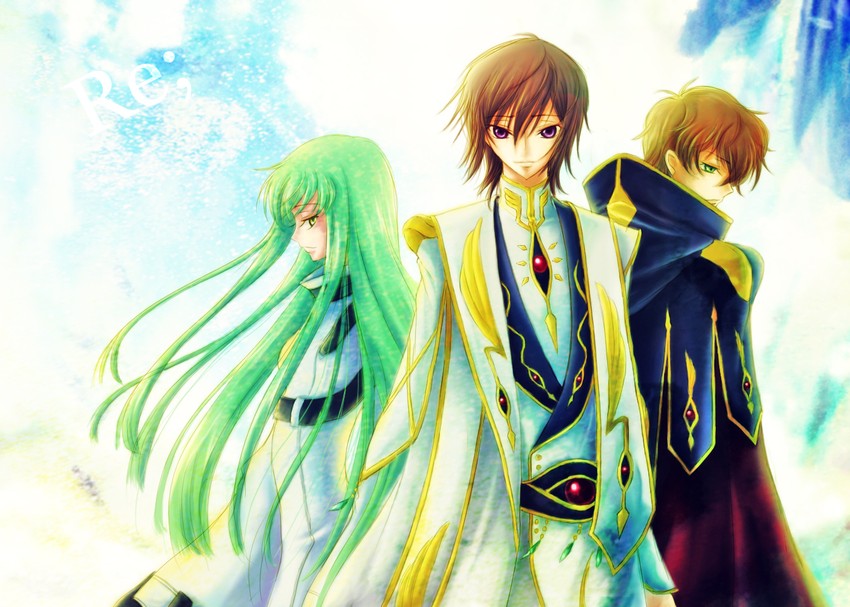 c.c., lelouch vi britannia, and kururugi suzaku (code geass) drawn by emako_(hishigaki)