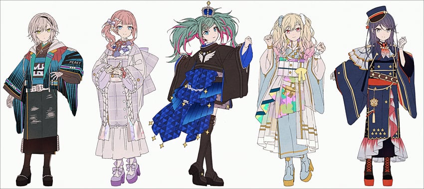 hatsune miku, tenma saki, hoshino ichika, mochizuki honami, hinomori shiho, and 1 more (vocaloid and 1 more) drawn by hakusai_(tiahszld)