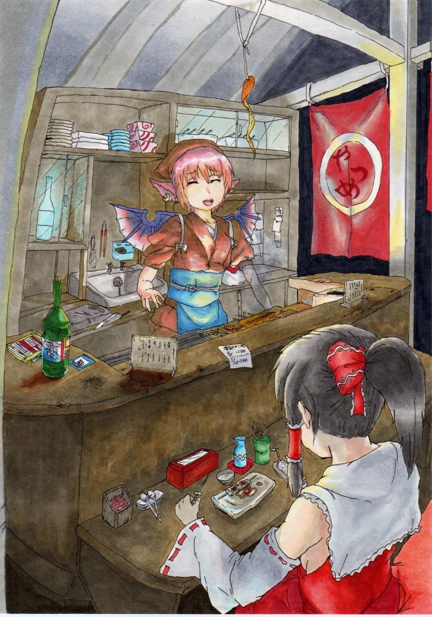 hakurei reimu, mystia lorelei, and okamisty (touhou) drawn by shift_(waage)